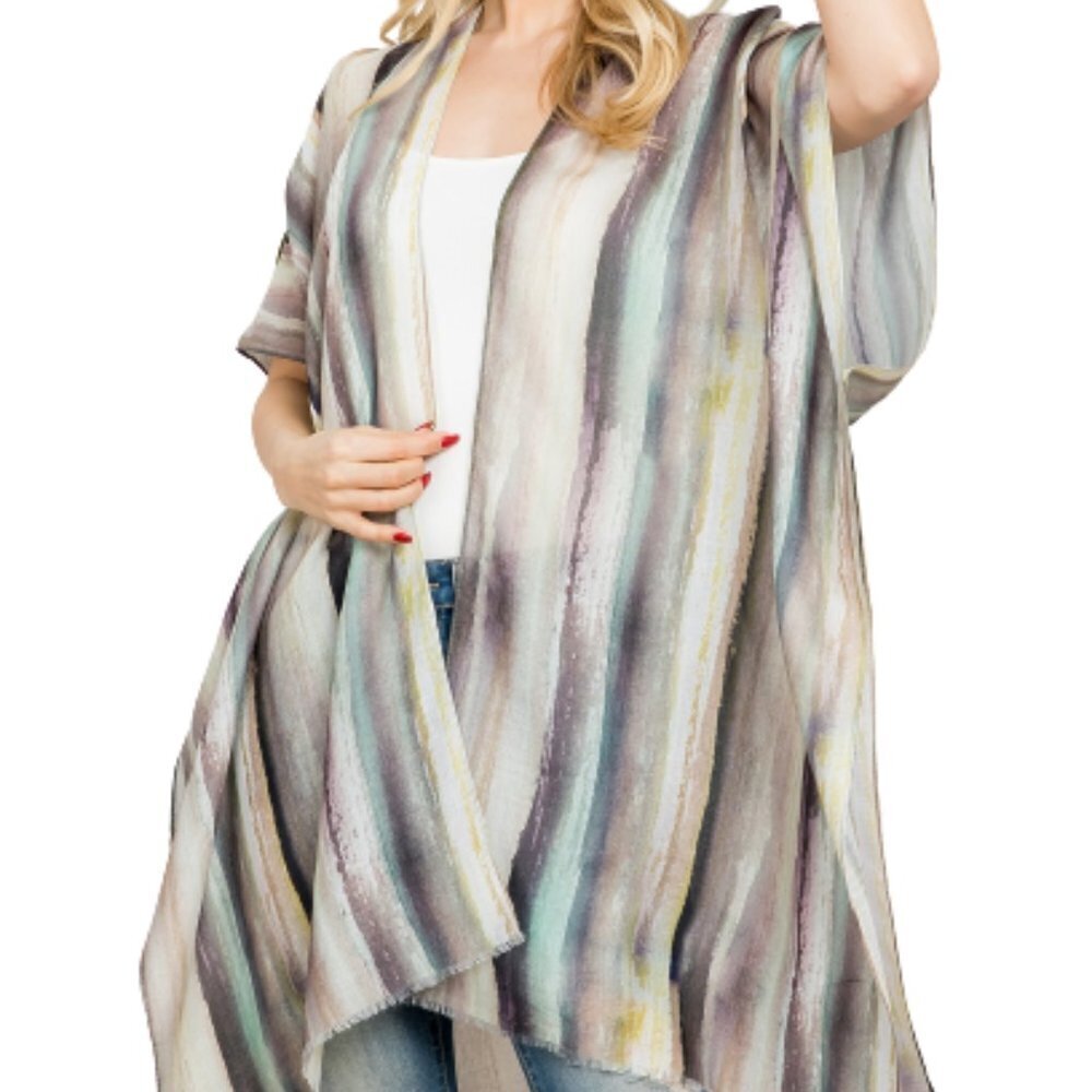 Open Front Kimono Wrap Vertical Green Striped Print Cover Up